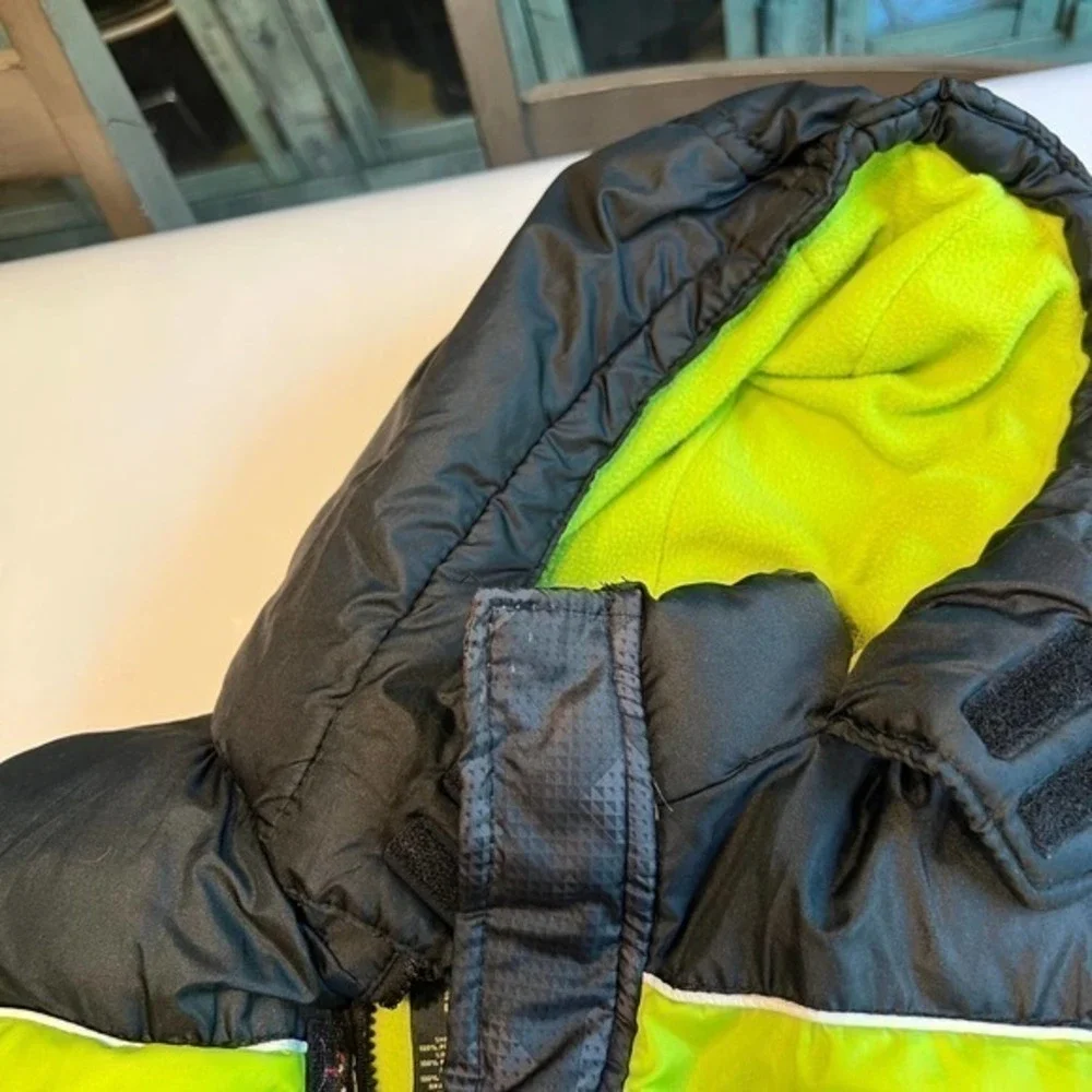 Xersion Puffer Jacket Kids Size 8 Grey Neon Yellow Good Camo Hooded Coat